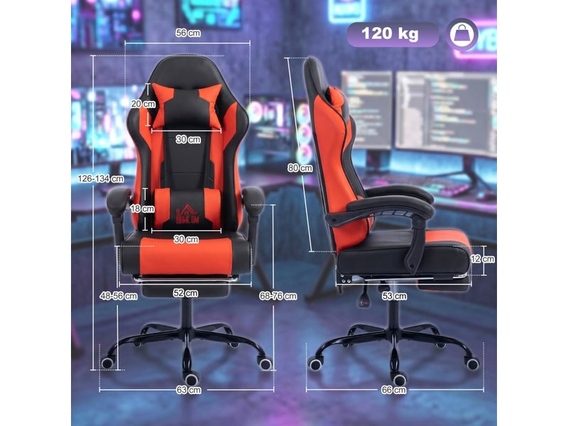 Chaise gamer larine inclinable massage lombaire repose pieds rouge - Conforama E