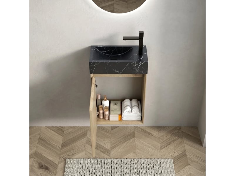 Meuble salle de bain suspendu 40cm avec vasque en marbre noir et porte couleur chêne blanc - Conforama D