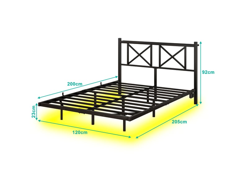  Lit 2 places 120x200 cm avec éclairage led et station de charge, cadre en métal noir, sans matelas  - Conforama E