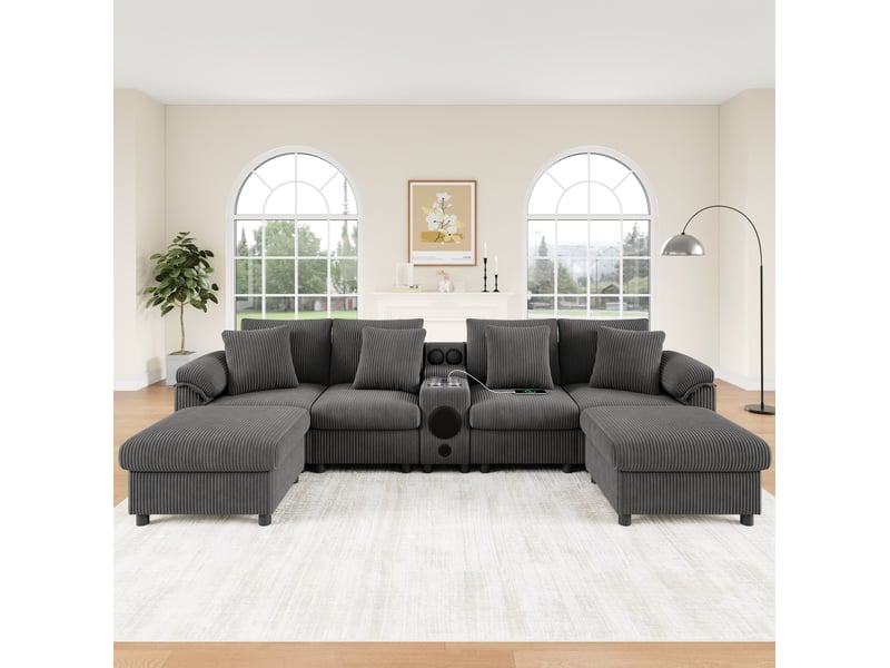  Canapé d'angle modulable avec rangement, charge sans fil, ports usb et porte-gobelets en velours côtelé gris  - Conforama B