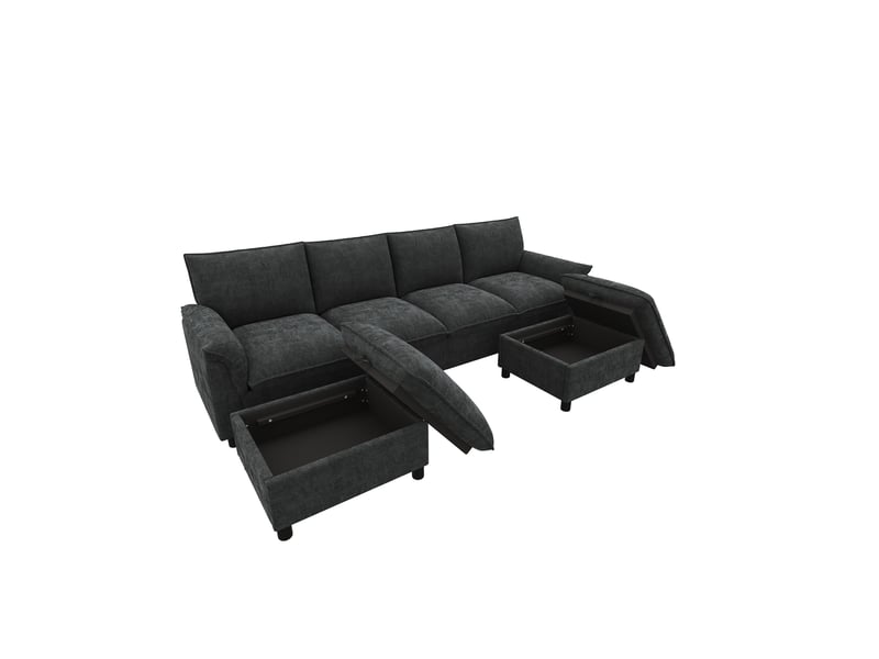  Canapé d'angle modulable en u 264,5x142,5x84 cm, pour salon, 2 poufs et stockage, assise profonde, tissu en chenille, noir  - Conforama A
