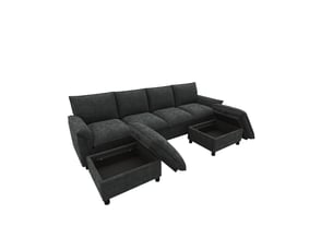 Canapé d'angle modulable en u 264,5x142,5x84 cm, pour salon, 2 poufs et stockage, assise profonde, tissu en chenille, noir