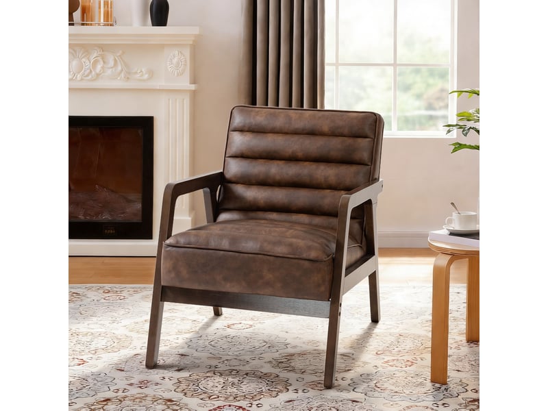  Fauteuil salon, fauteuil d'appoint rembourré en pu avec large assise, coussin épais et structure en bois massif, marron  - Conforama D