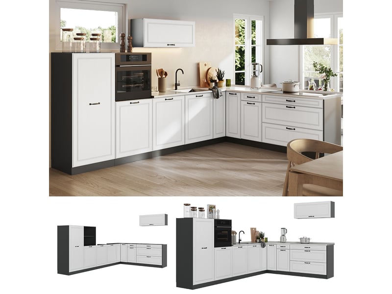  Vicco cuisine en angle, blanc campagneanthracite, 327 x cm plan de travail anthracite  - Conforama D