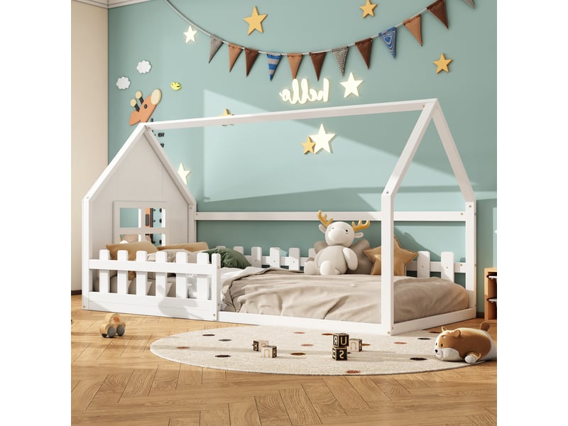 Lit cabane enfant, 90 × 200 cm, blanc, pin et mdf, structure cabane, lattes, style minimaliste, chambre enfant, sans matelas - Conforama B