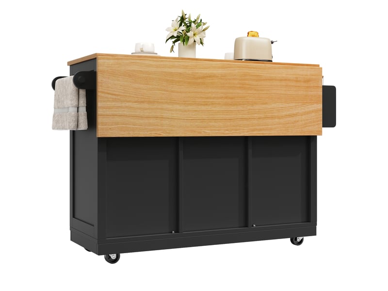  Îlot de cuisine noir avec plateau pliable 140x70 cm, desserte sur roulettes avec porte-bouteilles intégré et porte-serviettes latéral  - Conforama W