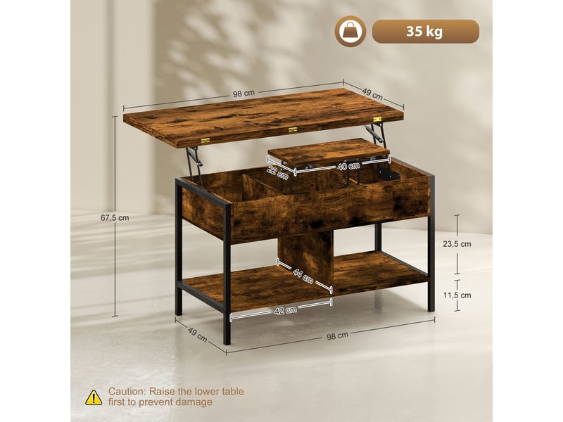  Table basse relevable et extensible, table de salon avec compartiment caché étagères ouvertes, 98x49x55cm, brun rustique  - Conforama C