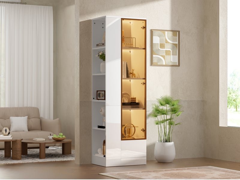 Vitrine avec porte vitrée, led dimmable, tiroir et niches ouvertes pour salon et salle à manger, blanc, 50 × 35 × 160 cm - Conforama C