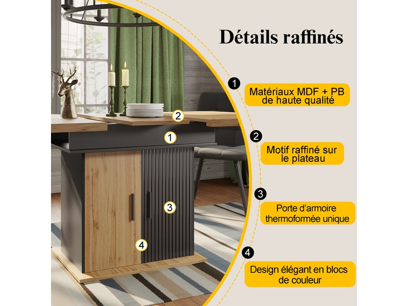  Table à manger extensible 4 à 6 personnes avec rangement, noir et naturel, 110-140 cm  - Conforama E