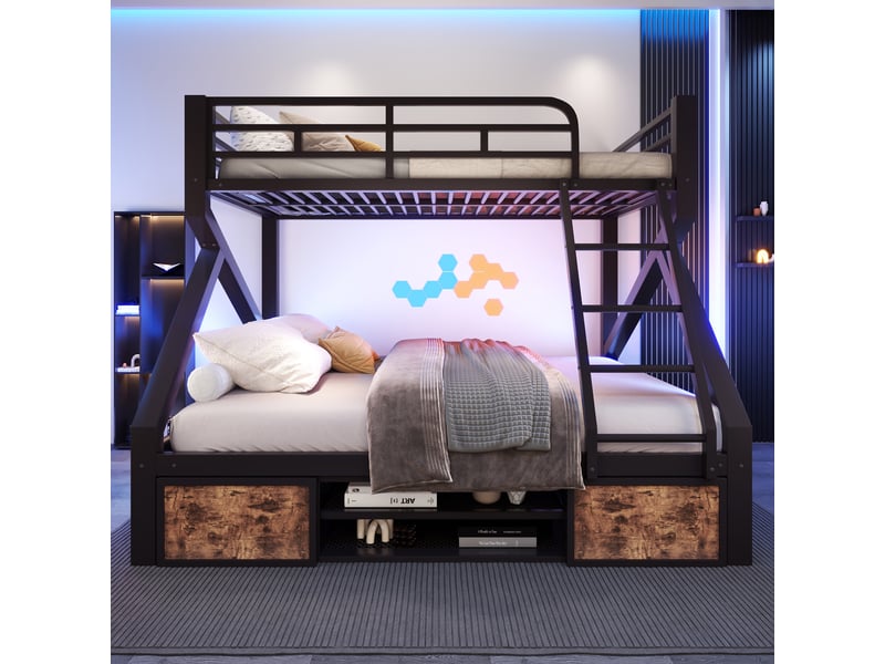 Lit superposé familial 3 couchages 90x200140x200 cm avec éclairage led, meuble à chaussures, rangements, garde-corps, échelle, métal et mdf noir - Conforama C