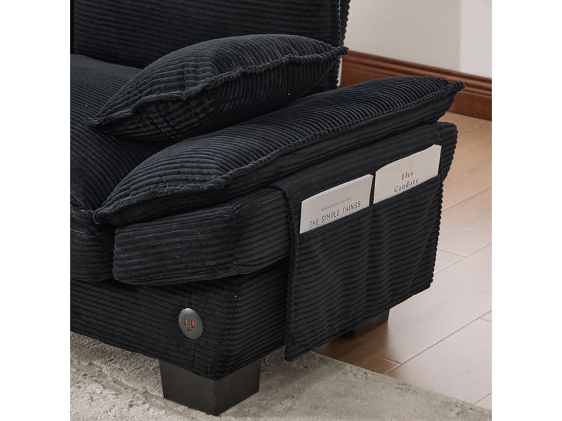  Canapé 2 places en velours côtelé noir, assise large 125 cm et usb-c intégré avec poches latérales  - Conforama E