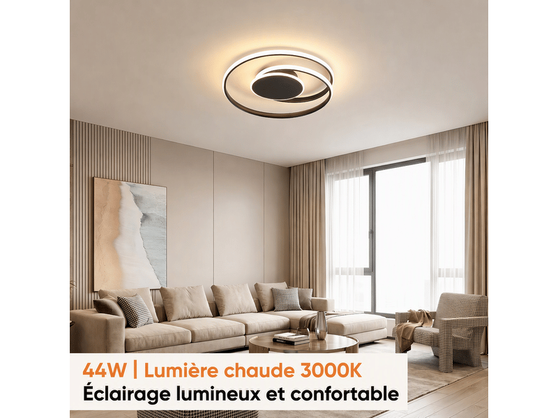  Plafonnier led spiralé à éclairage latéral, d40 x h7,5 cm, lampe de plafond 44 w 3842 lm, noir sable, 3000 k blanc chaud, salon, chambre, cuisine  - Conforama E