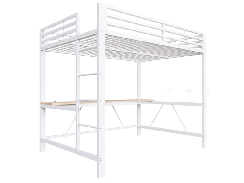 Lit mezzanine gamer en métal 140x200 cm - led usb, bureau intégré - blanc - Conforama E