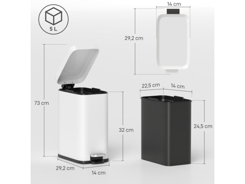  Poubelle à pédale blanche 5 l avec couvercle et bac intérieur, métal, 29,2x14x32 cm  - Conforama C