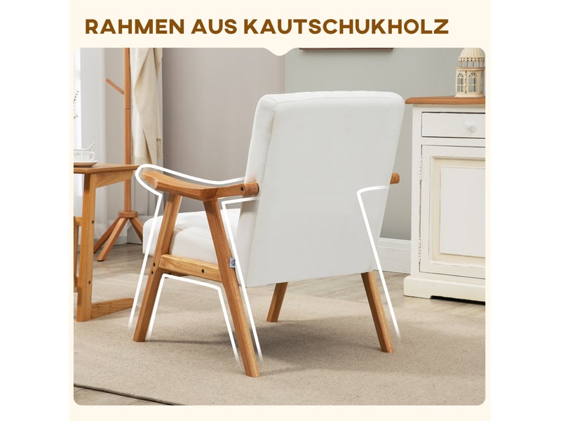  Fauteuil lounge 68x74x82 cm, revêtement en velours de couleur blanc crème, design moderne, canapé une place, scandinave  - Conforama E