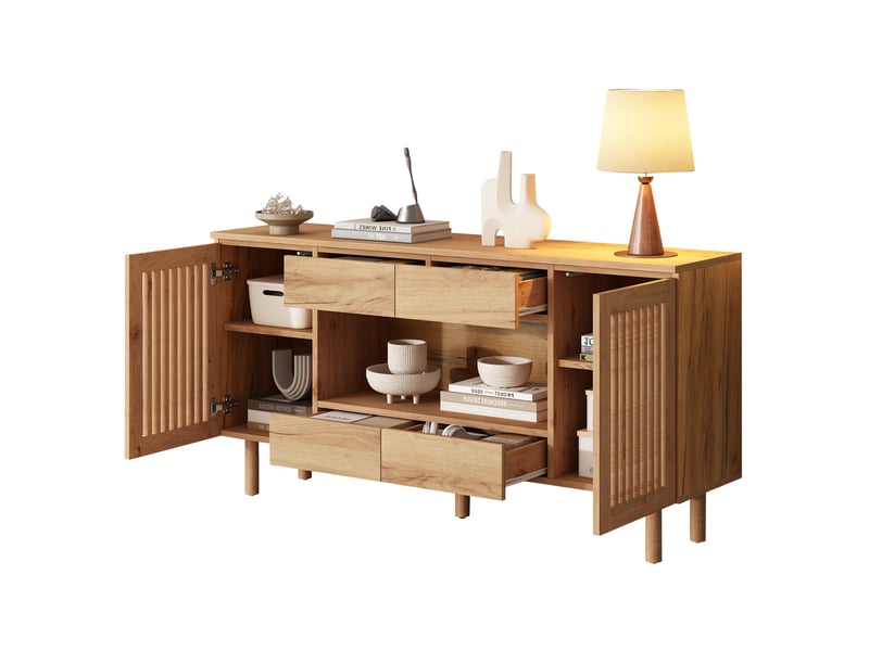  Sideboard 140x35x71 cm avec 4 tiroirs et 2 portes lamellées en mdf coloris naturel  - Conforama A
