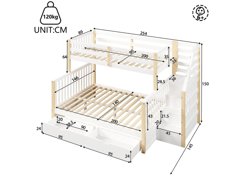  Lit superposé 90x200 sur 140x200 avec tiroirs de rangement, lit enfant en bois massif, escalier latéral, blanc et nature.  - Conforama C