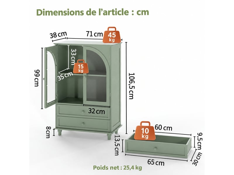  Buffet vitré vert menthe, style campagne, 2 portes et 2 tiroirs, 71 x 38 x 106,5 cm  - Conforama C