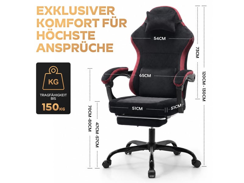  Fauteuil gaming réglable avec repose-pieds, coussins, dossier inclinable, noir et rouge  - Conforama B