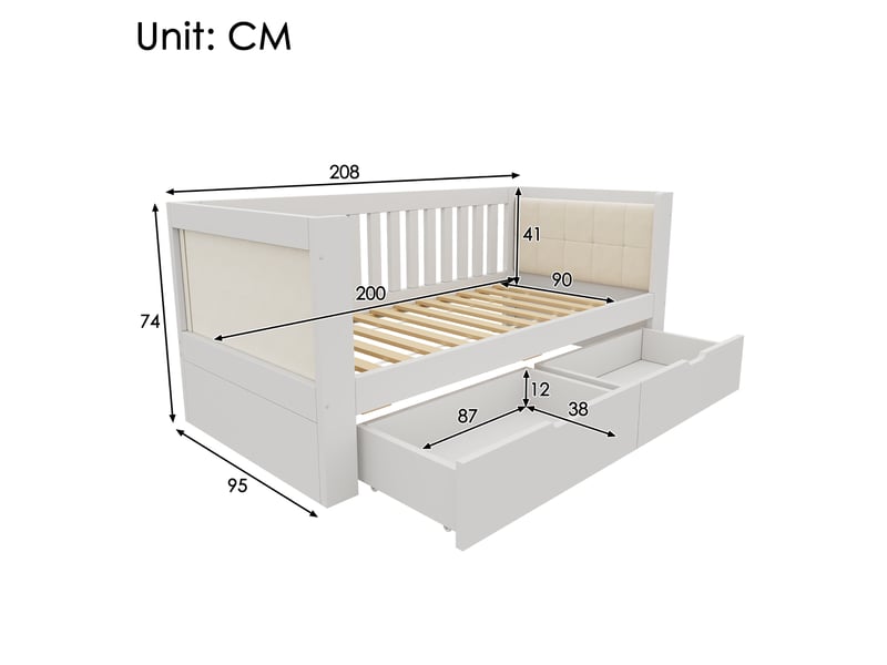  Lit banquette 90x200 cm, 2 tiroirs de rangement, accoudoirs arrondis, dossier confortable, sommier à lattes pour chambre - blanc  - Conforama C