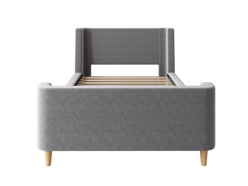  Lit enfant, lit simple 200x90 cm en velours gris avec motif spatial et pieds antidérapants, sans matelas  - Conforama E