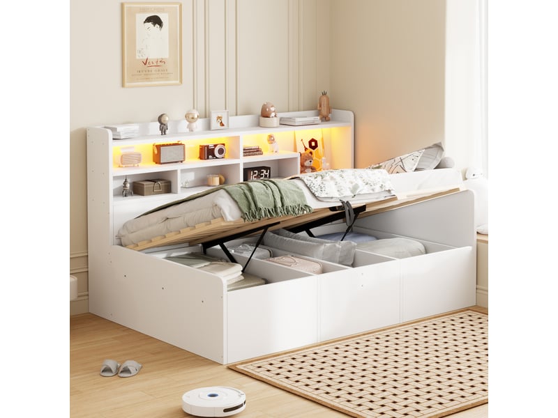  Lit banquette coffre 90x200 cm, banquette-lit, ouverture hydraulique, tête de lit avec rangement, éclairage led, espace inférieur modulable, mdf blanc OPULERANE TRADING LTD - Conforama B