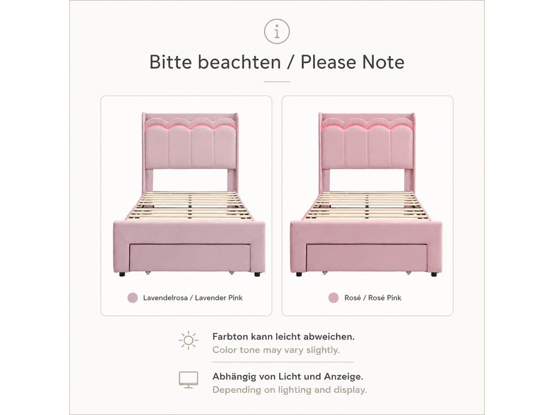  Lit rangement 90 x 200 cm éclairage led piloté par application lit simple tiroir en bout de lit tête de lit ondulée surface de pose structure rembourrée coloris rose charge maximale 220 kg  - Conforama C