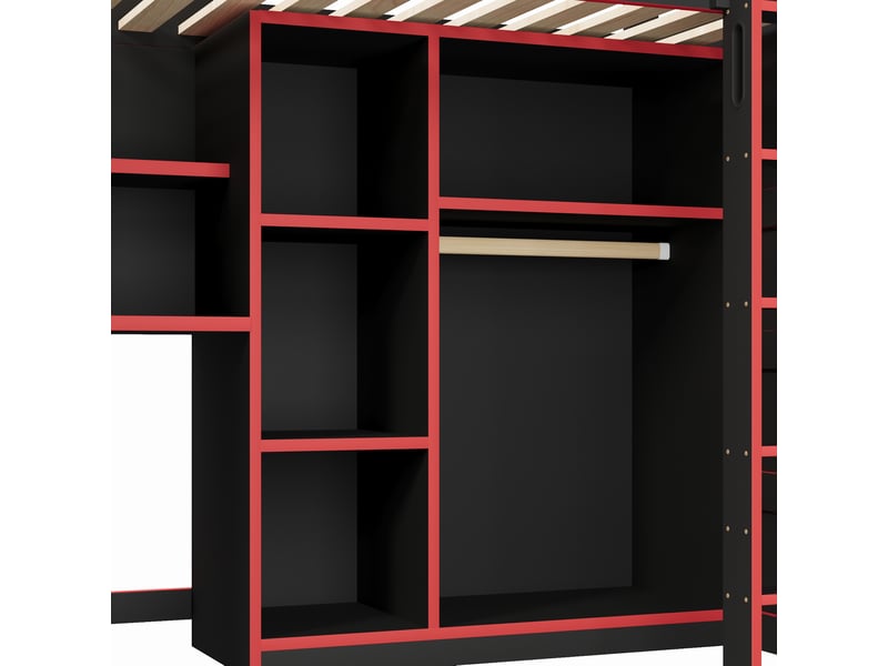 Lit mezzanine 90x200 cm en mdf et contreplaqué noir et rouge, bureau, rangement, led et usb, sans matelas - Conforama D