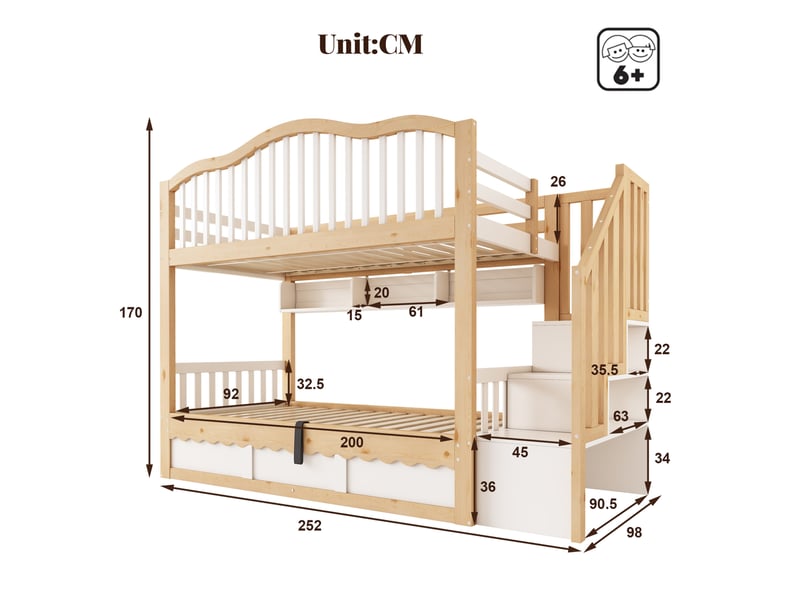  Lit superposé enfant 90x200 cm avec escalier de rangement coloris blanc et chêne  - Conforama C