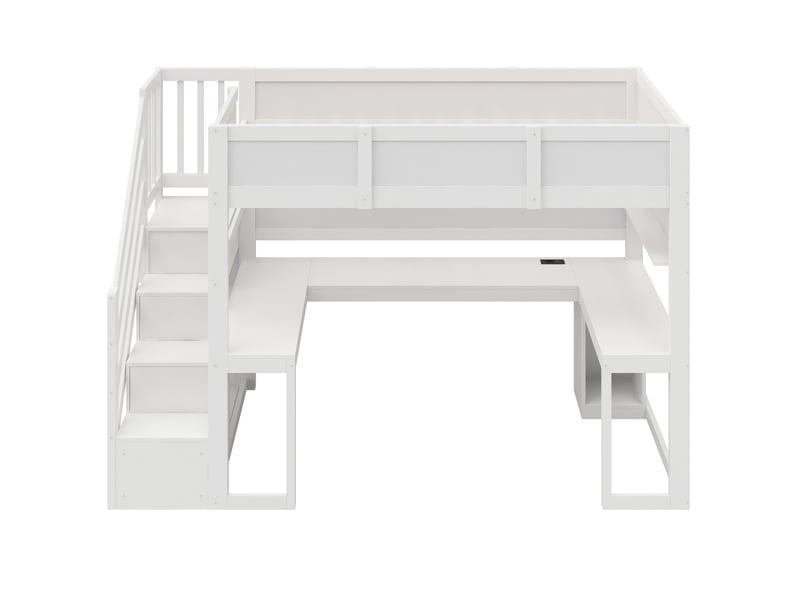  Lit mezzanine gamer avec bureau intégré 90x200cm led usb escalier rangement blanc  - Conforama R
