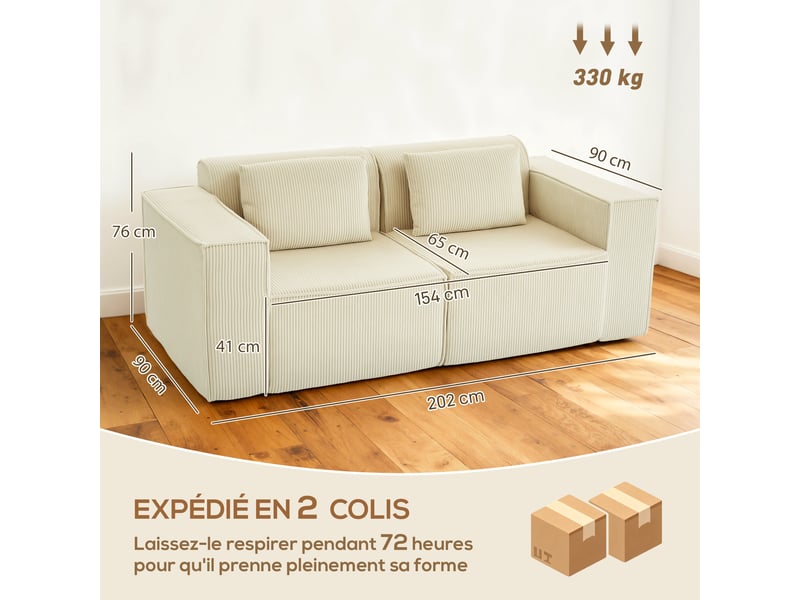  Canapé 3 places en velours côtelé, canapé rembourré, larges accoudoirs, 2 coussins, pas de montage, 202x90x76cm, beige  - Conforama C