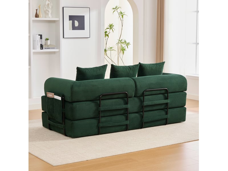 Canapé modulaire 3 places configurable avec poche latérale et 3 coussins en velours côtelé vert émeraude - Conforama E