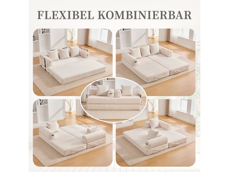 Canapé convertible 3 places canapé au sol canapé modulable canapé compressé en velours côtelé avec cadre en métals, beige - Conforama R