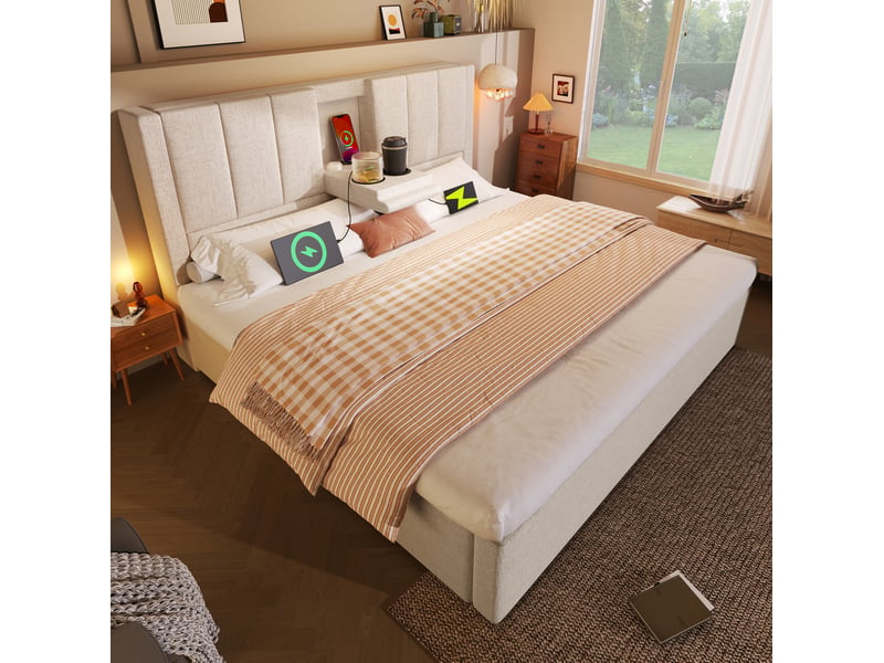  Lit coffre 140x190 cm en lin beige avec station de charge et sommier à lattes  - Conforama E