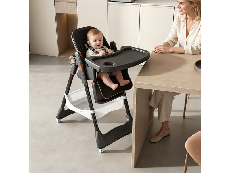  Chaise haute bébé pliable réglable avec harnais 5 points, roulettes verrouillables et panier, polypropylène noir  - Conforama C