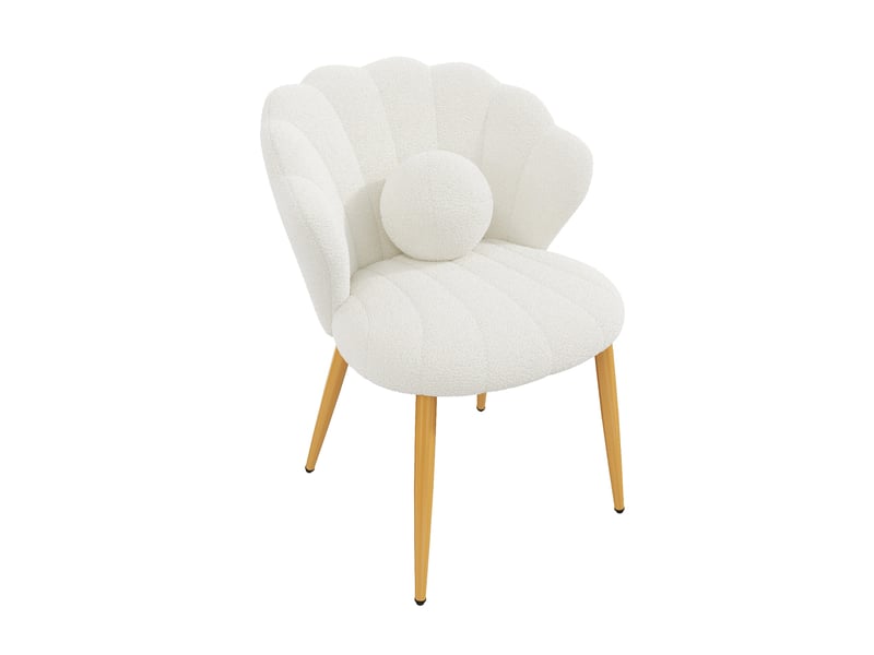 Lot de 4 chaises de salle à manger blanches en tissu teddy, dossier coquillage, pieds dorés - Conforama D