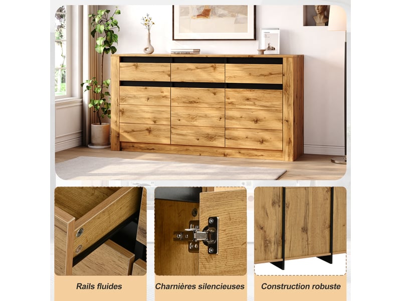 Buffet bois naturel commode 3 tiroirs meuble de rangement 140 cm - 3 portes - Conforama W
