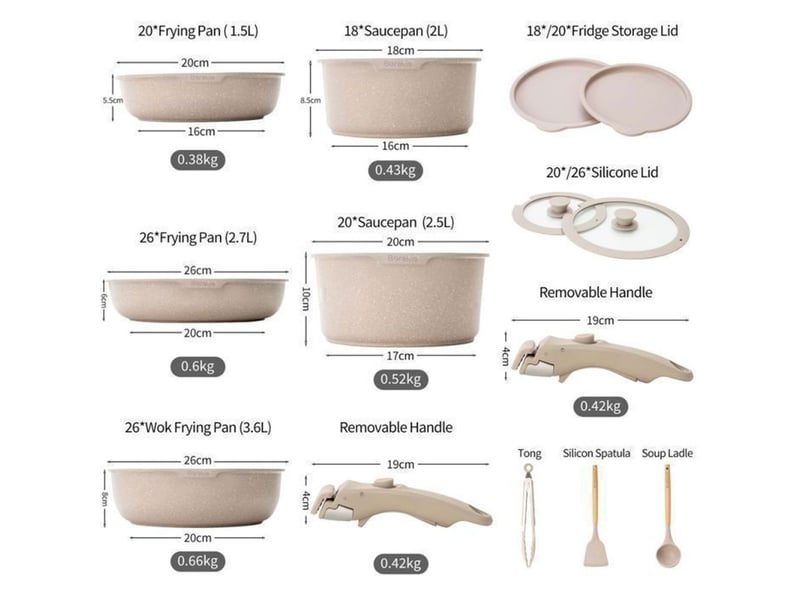  Batterie de cuisine 14 pieces aluminium fonte revetement antiadhesif effet pierre brun avec poignées amovibles et couvercles silicone 370018_AAAPX11826_6_DROPFR - Conforama B