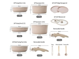Batterie de cuisine 14 pieces aluminium fonte revetement antiadhesif effet pierre brun avec poignées amovibles et couvercles silicone