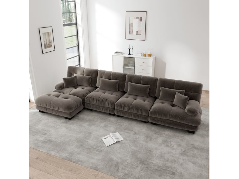  Canapé d’angle modulable 4 places en chenille marron avec ottomans mobiles  - Conforama B
