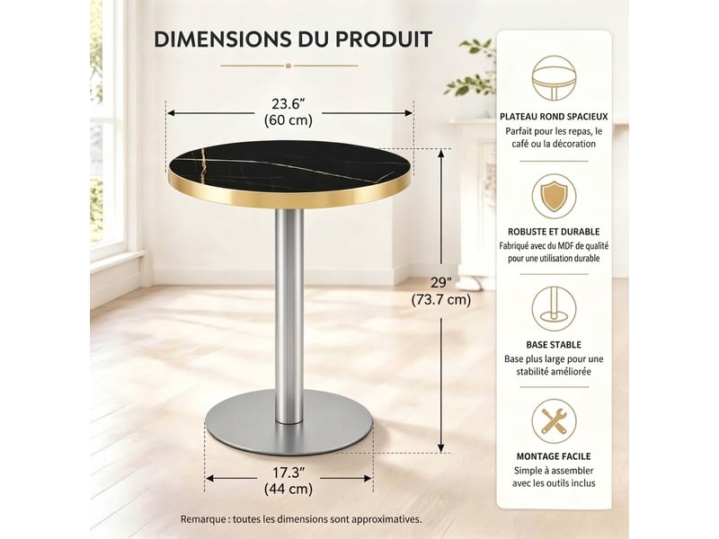  Table d’appoint ronde moderne – plateau noir aspect marbre uv – ø 60 x h 73,7 cm  - Conforama D