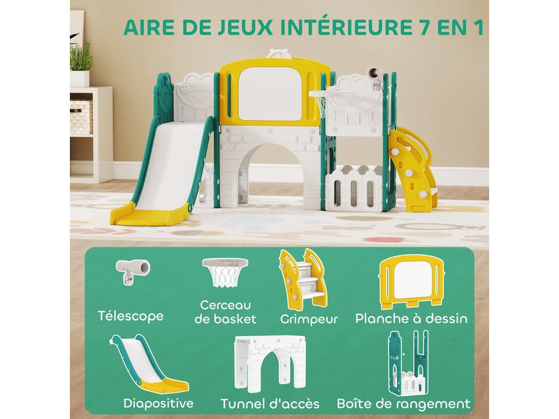  Toboggan pour enfant 7 en 1 avec panier de basket, télescope, rangement, tunnel, escalade, tableau de dessin, jaune  - Conforama D