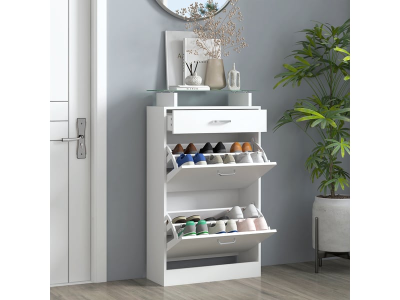  Armoire à chaussures meuble rangement chaussures 2 portes abattantes 2 compartiments, tiroir, plateau en verre - bois chêne blanc  - Conforama B