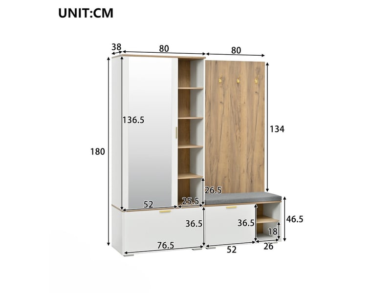  Vestiaire mural, portes pliantes, tringle extensible, miroir et banc à chaussures, 4 crochets, 125×36×190 cm, blanc N657P50643567W - Conforama C