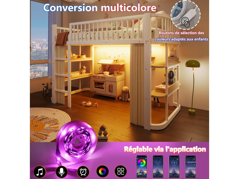  Lit mezzanine enfant 90x200 cm en métal blanc avec rideaux occultants, espace inférieur personnalisable et led intégrée Morn Vibe - Conforama E