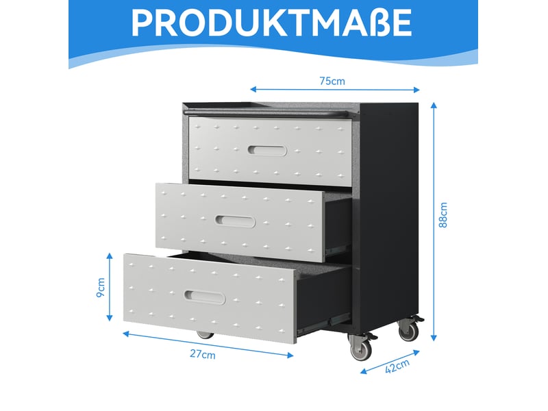  Armoire à outils métallique sur roulettes 75 x 42 x 88 cm noir et gris, 3 tiroirs pour garage et bureau  - Conforama C