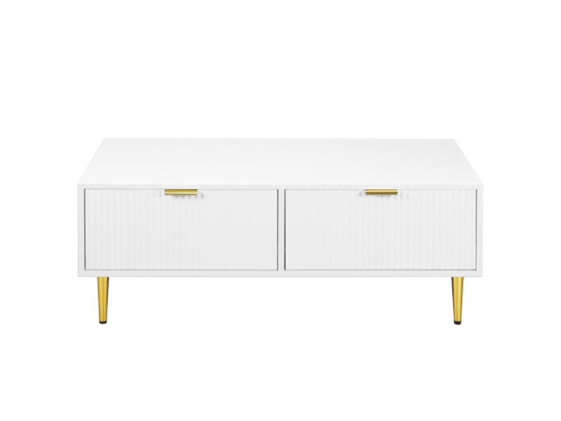  Table basse blanche moderne avec accents dorés - 2 tiroirs, rayures verticales, 100x50x40 cm, meuble salon  - Conforama A