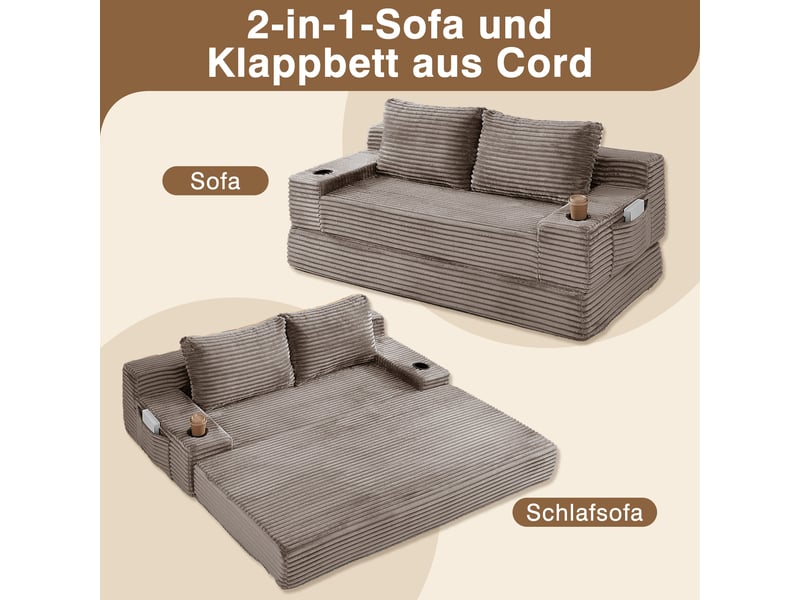  Canapé convertible 2-en-1 en velours côtelé 2 places, 2 coussins inclus, porte-gobelets, rangements latéraux  - Conforama D