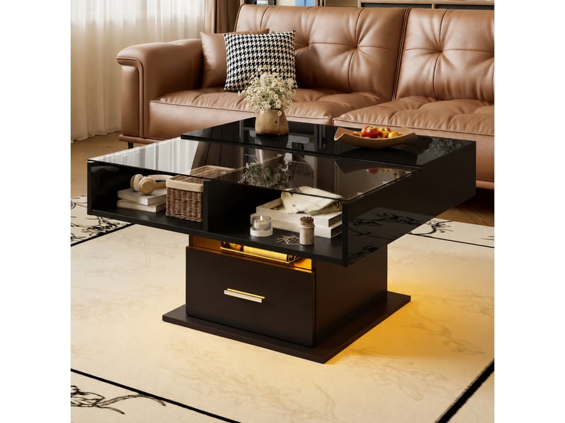  Table basse relevable noire avec led et rangement, 78 x 78 cm  - Conforama B
