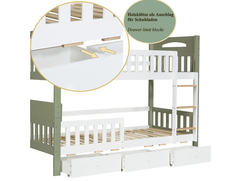  Lit superposé enfant 90x200 cm + 90x200 cm en bois, avec barrière de sécurité, étagère latérale et 3 tiroirs de rangement - blanc et vert  - Conforama E